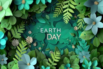 Foto op Plexiglas Earth Day idea backdrop with word "EARTH DAY" and green nature paper art. Generative Ai © Planum