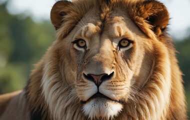 Close up of a lions face with whiskers and mane, staring at the camera