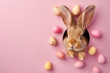 Easter Bunny on a pastel wall banner, peering out of a hole with chocolate eggs for Easter. Generative Ai