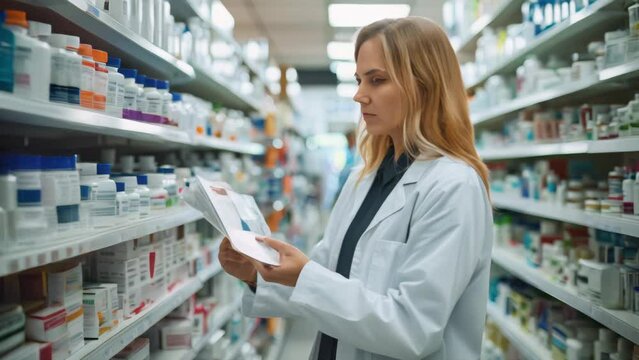 Pharmacist reviewing medication inventory list in pharmacy. Professional healthcare and medical concept
