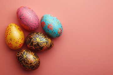 Easter concept with a colorful backdrop of a group of chocolate eggs wrapped in a folio. Generative Ai - obrazy, fototapety, plakaty