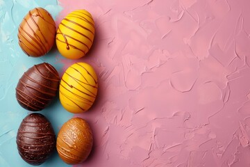 Easter concept with a colorful backdrop of a group of chocolate eggs wrapped in a folio. Generative Ai - obrazy, fototapety, plakaty