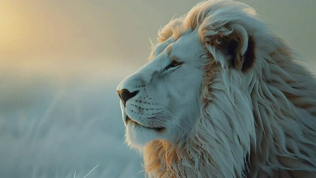 A lion with a white mane stands in a snowy field 4K motion