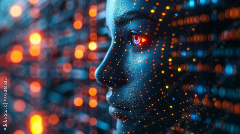 Poster A robot trader working on the stock market using artificial intelligence. Artificial intelligence in business, fintech. Artificial intelligence looking at trading charts information. Neural networks