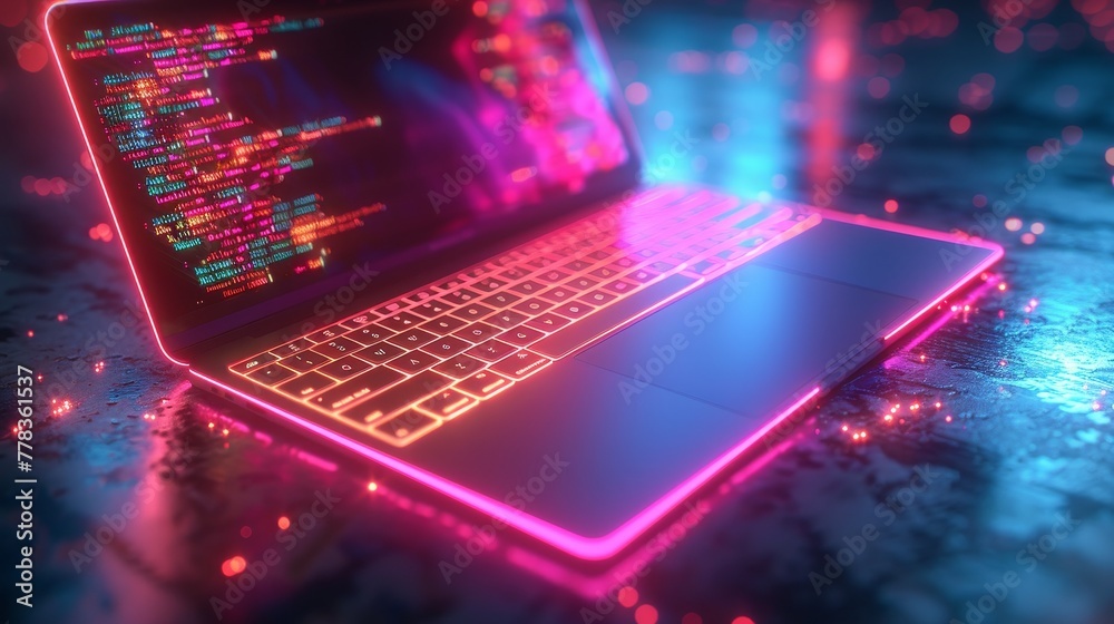 Poster An abstract program code on a computer screen. Icons of digital computer technology. A isometric concept of digital computer technology.