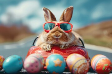 Fototapeta na wymiar Easter eggs on the road, Easter bunny wearing goggles in a racing red automobile. Generative Ai