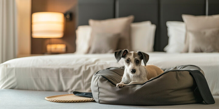 A small dog lounges in a pet bed in a luxurious hotel room, ideal for illustrating pet-friendly hotel accommodation or upscale pet travel.