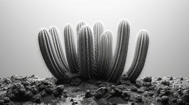  Black-and-white photo of cactus in desert with rocks, dirt, and gray sky in background