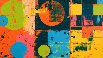 Abstract grunge painting with bold geometric shapes and a vibrant clash of colors and textures..