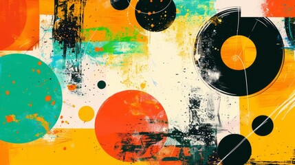 A vivid mix of grunge textures and abstract circles in a lively orange and teal color palette..