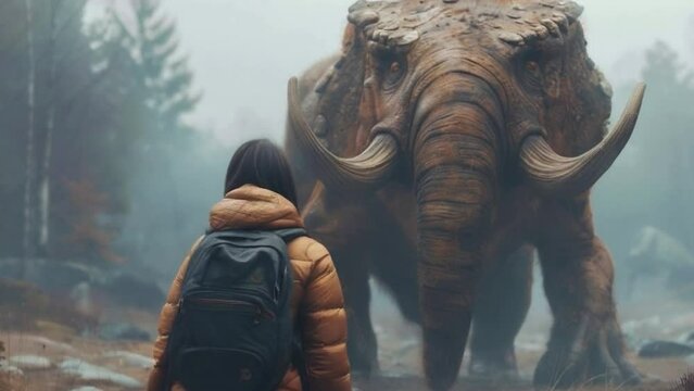 A person is standing in front of a large elephant 4K motion