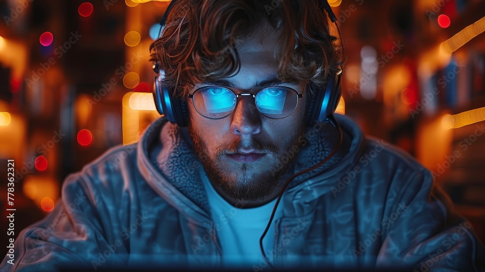 Aufkleber man working on laptop in dark room with neon lights. hacker or video gamer with headphones and glass