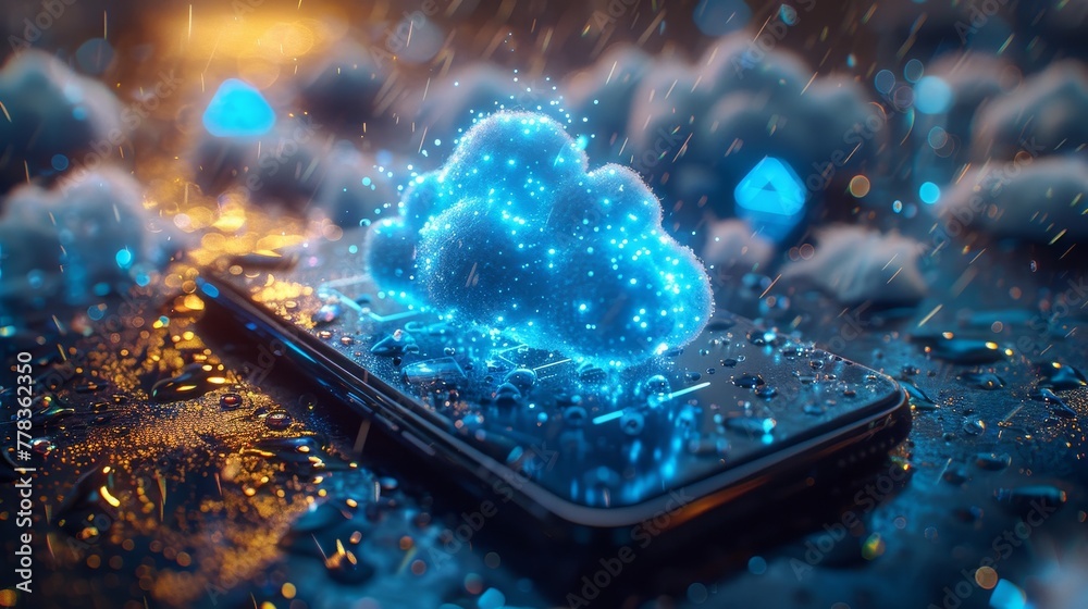 Poster A 3D icon of a cloud over a smart phone screen. Cloud computing background concept. Data is uploaded through a smartphone to the internet for online storage. Cell phones are used to synchronize