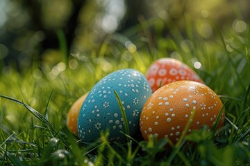 Gorgeous Easter eggs on verdant grass with copy space. Canon EOS R5-style photo. Generative Ai