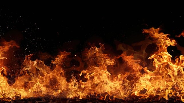 A burning fire burns isolated on a black background