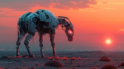  A robot animal driving in a desert. A post-apocalyptic futuristic landscape with a city silhouette on the horizon. Sci-fi apocalyptic nature. A cyborg camel or horse powered by robotics. © Zaleman