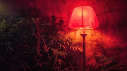 An underground garden where mature cannabis thrives under the warmth of red artificial lighting