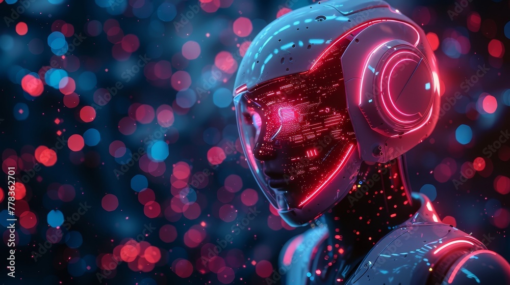 Leinwandbilder Female robot with artificial intelligence flying in cyberspace world of metaverse. Cyborg in virtual space of datum. Abstract concept banner of artificial intelligence. Retro futuristic.