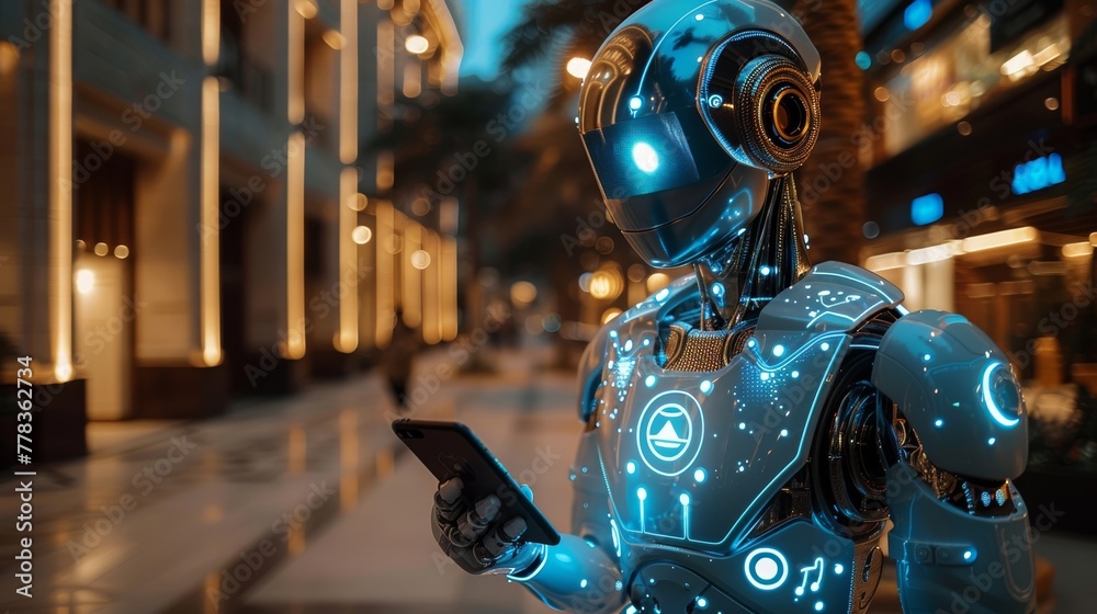 Poster The AI robot looks at the logo AI hanging over the phone in his hand. Artificial intelligence technology as a futuristic vertical banner. Robot or cyborg analyzing big data.