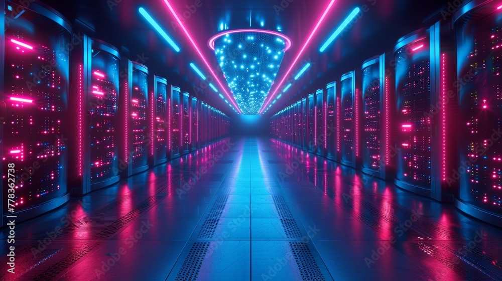 Poster abstract design interior of server room in data center. futuristic digital space with electronic equ