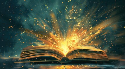 Illustration of open book and boom explode crash bang with vintage style light