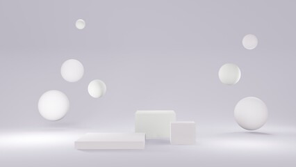 White mockup with podium for cosmetics, creams, lotions . white round stage, pedestal or podium and water and glass bubbles or spheres. background advertisement. Background or mock up for cosmetics or