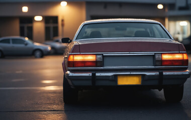 Fototapeta premium Red car parked in lot at night under automotive parking light