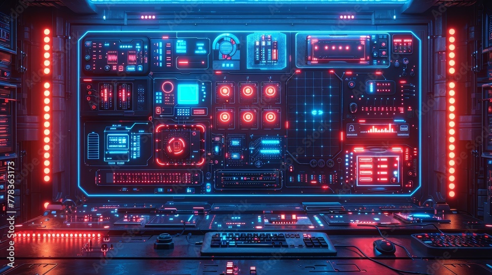 Poster Smartphone software development digital technology concept. Phone modern hanging over desk in neon light with mobile applications development interface elements. Mobile app design concept.