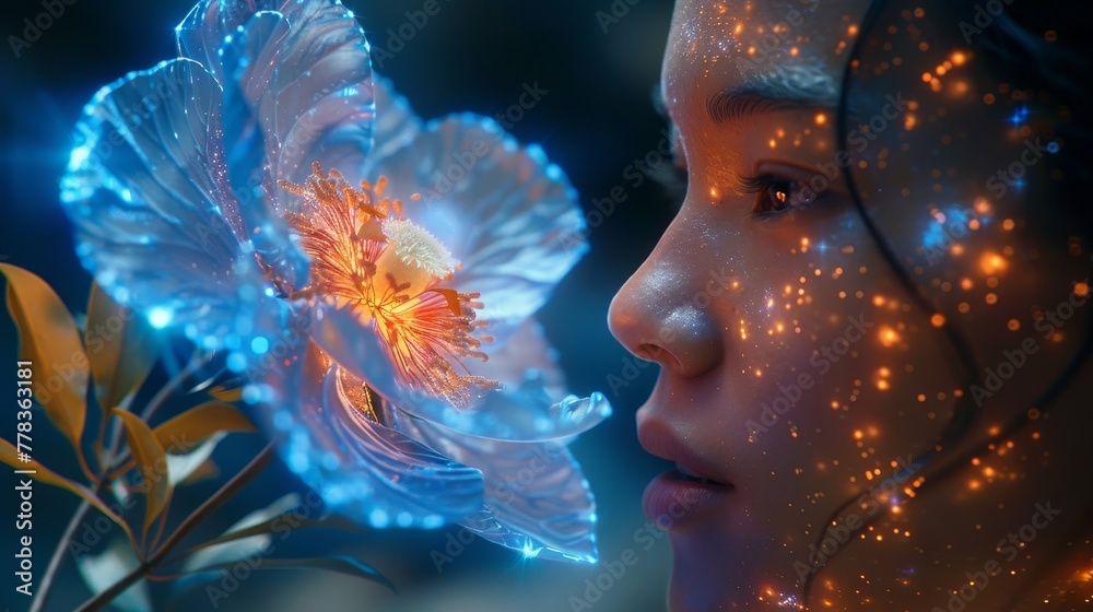 Poster Computer neural network learns world. Artificial intelligence with digital brain analysis. Sci-fi future concept. Artificial intelligence in humanoid head holding artificial robotic flower.