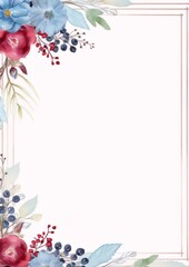 Frame of watercolor painted red and blue flowers and green leaves on a white background with a golden frame.
