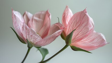   A pair of pink blossoms resting atop a pristine table surface beside a verdant foliage plant, positioned against a backdrop of pure white