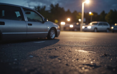 Car driving at night with headlights shining on dark street