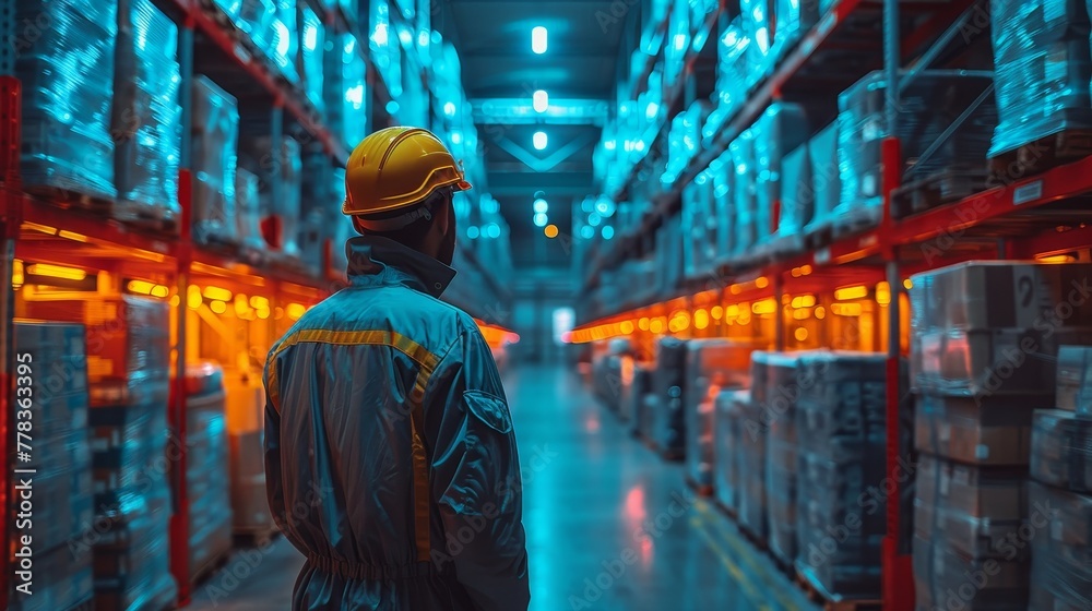 Aufkleber an engineer is wearing a bionic exoskeleton and picking up boxes on the factory floor. a warehouse w