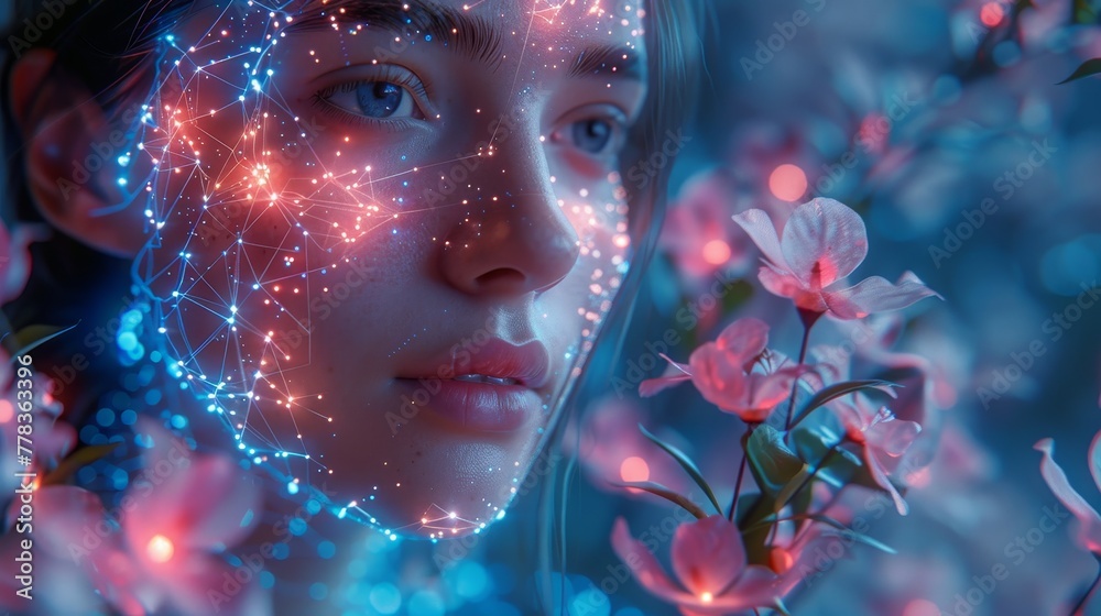Poster An anthropomorphic cyborg or robot learns the world using artificial intelligence. An artificial neural network learning AI.