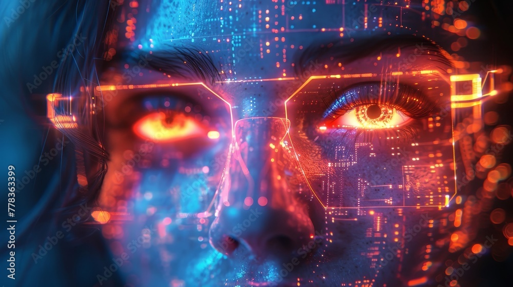 Poster Abstract computer technology background. Computer digital futuristic neon square frame with AI face, 3d geometric shapes in cyberspace. Artificial intelligence head. Abstract computer tech banner.