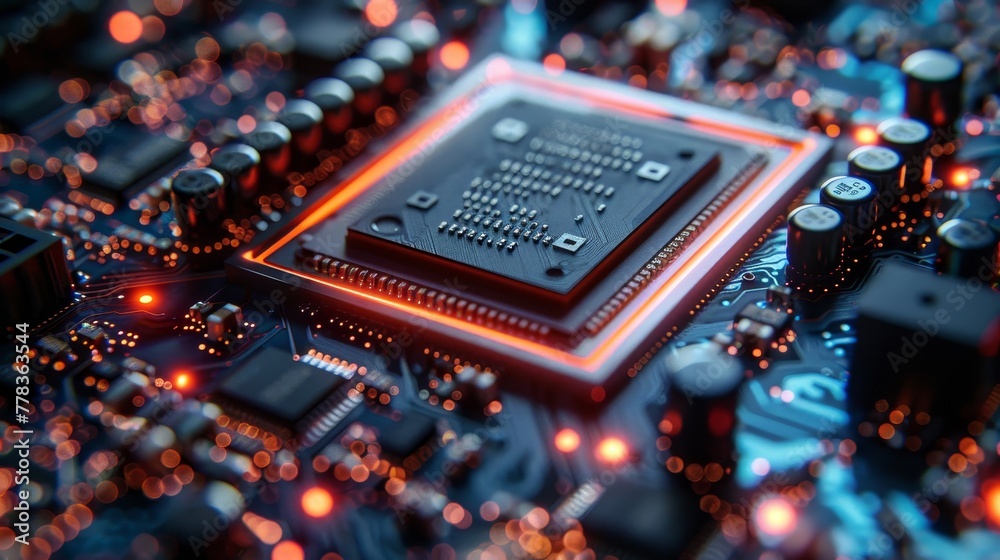 Poster circuit boards or motherboards with cpu chips, memory boards, gpus, coolers, over computer parts, el