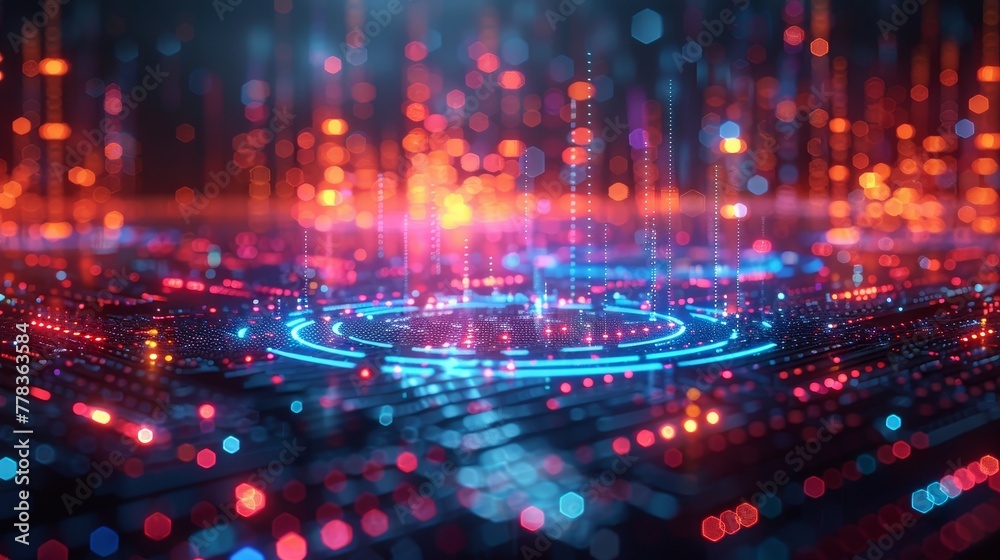 Poster A dark background with neon lines, a cube, and a circle chart on top of a glass table. A future fintech concept of analysing data in a digital space.
