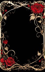ornate golden frame with red roses, black background, digital art, art nouveau