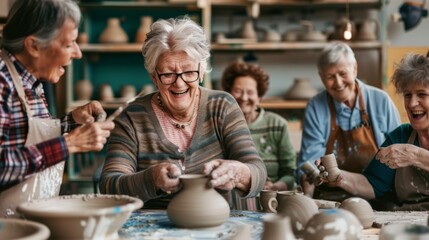 A lively group of elderly women share laughter and stories while crafting pottery, embracing creativity and companionship in a workshop.