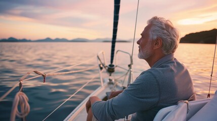 Reflective Senior Man Steering Sailboat at Serene Dawn. In the soft glow of dawn, a contemplative senior man navigates a sailboat on a tranquil lake, embracing the solitude and peace of the morning.