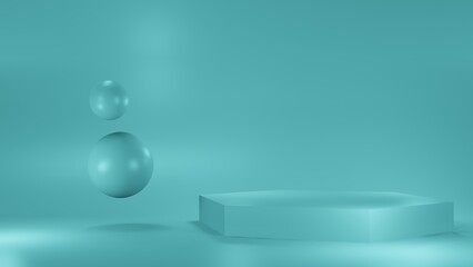 Pastel blue mockup with podium for cosmetics, creams, lotions .Pink and white round stage, pedestal or podium and water and glass bubbles or spheres. background advertisement. Background or mock up