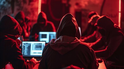 Undercover Hacker Meeting in Red Light. An undercover hacker group convenes in a dimly lit space bathed in red, capturing a secretive collaboration and the clandestine nature of cybercrime.