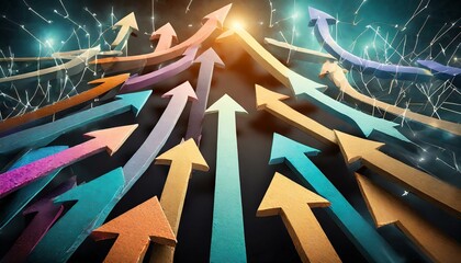 An artistic digital rendering featuring a collection of arrows pointing in various directions, symbolizing the complexity and multitude of choices involved in the decision-making process. - obrazy, fototapety, plakaty