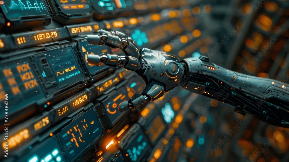 Poster Robot for automation trade on fund stock market. Robot hand points financial business chart. Artificial intelligence helps traders analyze securities trading data on the stock exchange market. AI