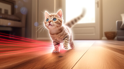 Playful kitten chasing laser light on wooden floor. Pet playtime and domestic cat fun concept for design and social media. Indoor animal photography with natural light