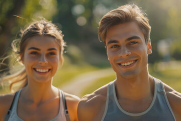 Happy young couple jogging, runnung in the park together. Healthy lifestyle and wellness. 