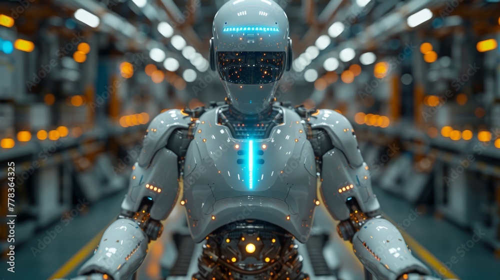 Aufkleber Cyborg robot with artificial intelligence assembling in factory. Automation manufacturing, industry 4.0 concept. Industrial robotic arms controlled by artificial intelligence in factory.
