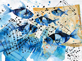 Abstract collage with a school of fish, ink lines and blots, watercolor strokes on a blue background