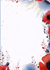 watercolor floral frame in blue and red with white background
