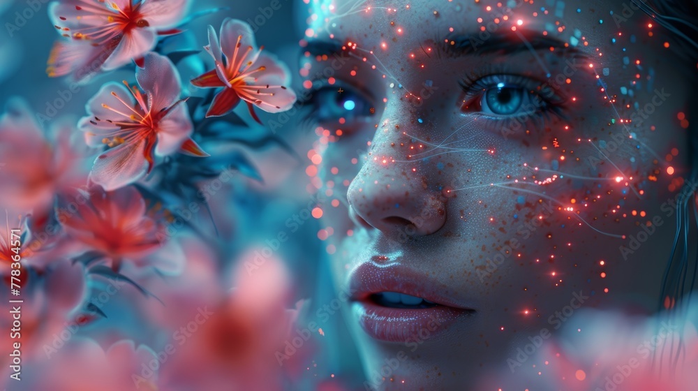 Poster An Artificial Intelligence face profile. A humanoid head takes a robotic flower hand in hand. A futuristic concept of a computer neural network learning the world. AI with Digital Brain analysis.